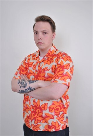 VINTAGE ORANGE HAWAII SHIRT, RETRO FLORAL BUTTON DOWN