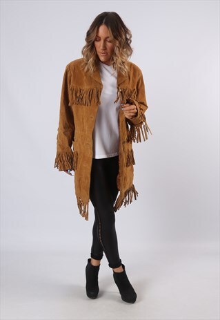 TASSEL FRINGE SUEDE LEATHER JACKET MID LONG UK 14 (G61G)