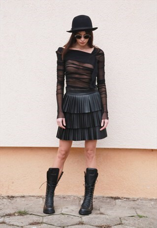 LAYER SKIRT BLACK LEATHER SKIRT RUFFLED EXTRAVAGANT F1564