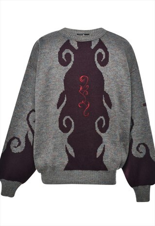 VINTAGE LONG SLEEVED PURPLE & GREY PATTERNED 1990S JUMPER -