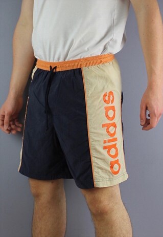 VINTAGE ADIDAS SHORTS IN NAVY WITH POCKETS, EMBROIDERED LOGO