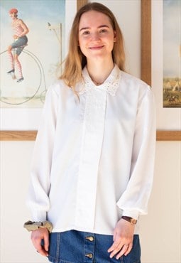 White silky long sleeve crochet detail shirt