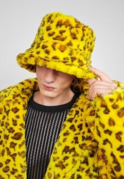 Yellow leopard bucket faux fur hat oversize animal print cap