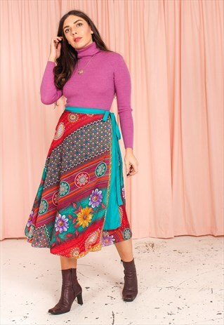 VINTAGE 90S WRAP SKIRT IN ABSTRACT PRINT CHIFFON