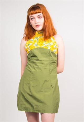 VINTAGE 60'S GREEN & FLORAL MINI DRESS