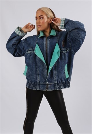 VINTAGE 90'S DENIM BOMBER JACKET OVERSIZED COLLEGE L (51X)