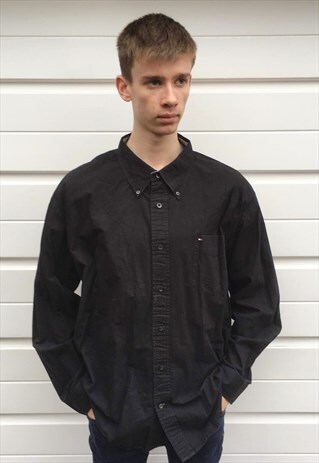 MENS VINTAGE 90S BLACK LONG SLEEVE TOMMY HILFIGER SHIRT TOP