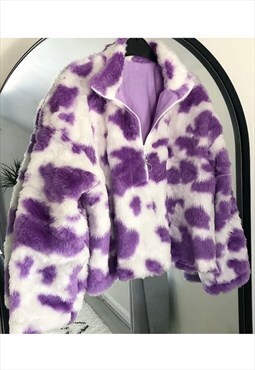 Handmade purple and white cow faux fur jacket