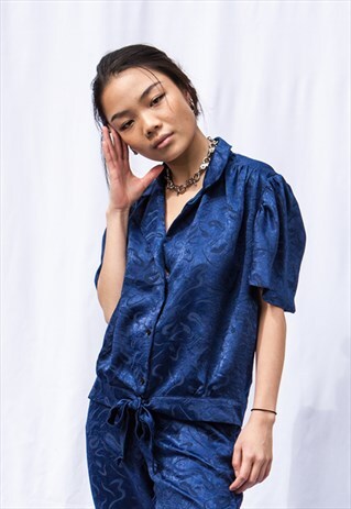 MULTI TIE WRAP BUTTONED BLOUSE WITH TONAL PRINT IN NAVY BLUE