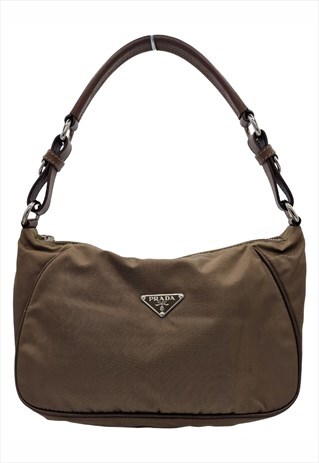 VINTAGE PRADA RE-NYLON BAGUETTE BAG, TESSUTO, BROWN