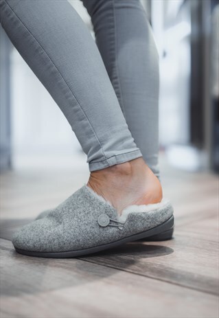 LADIES PREMIUM GREY FAUX FUR LINED MULE SLIPPER