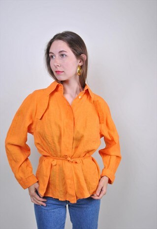 90S BRIGHT ORANGE TIE BELT BLOUSE, SIZE M