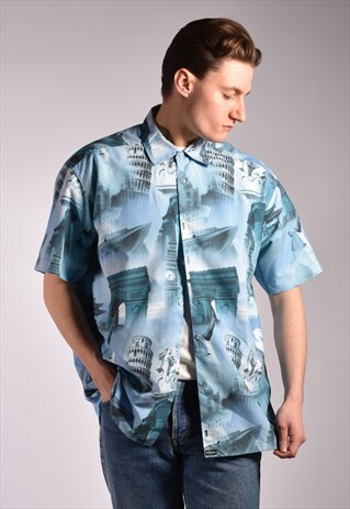 1990S OUTRAGE MONUMENT ALLOVER OFF-KEY PRINT SHIRT