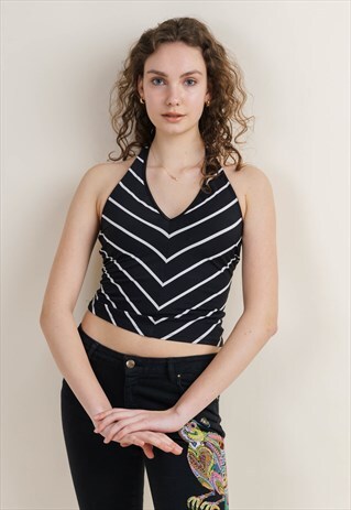 VINTAGE Y2K MONOCHROME CHEVRON STRETCHY HALTER TOP S