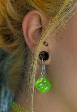 LIME GREEN DICE EARRINGS LUCKY CHARM FESTIVAL UNIQUE