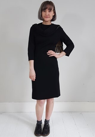 VINTAGE 60'S BLACK WOOL DRESS W/ TWO TONE SCARF INSERT