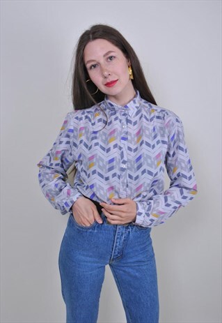 80S ABSTRACT PRINT SHIRT, GEOMETRIC PATTERN DISCO BLOUSE