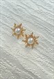 Gold Faux Pearl Flower Sun Studded Delicate Earrings