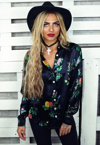 SATIN EFFECT FLORAL 90'S DAGGER COLLAR LONG SLEEVED BLOUSE
