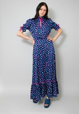 "Jobi" 70's Vintage Blue Floral Victoriana Ladies Maxi Dress