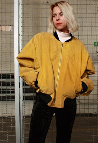 VINTAGE 80' COOL YELLOW UNISEX SUEDE BOMBER JACKET