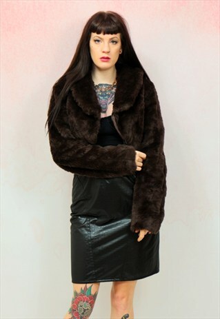 1990S VINTAGE BROWN SOFT FAUX FUR CROP JACKET