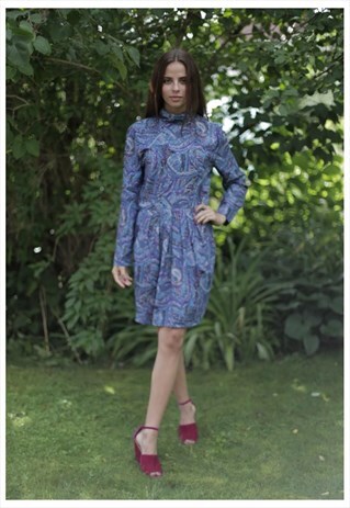VINTAGE 70'S MIDI BLUE/PURPLE PATTERNED HIGH NECK DRESS