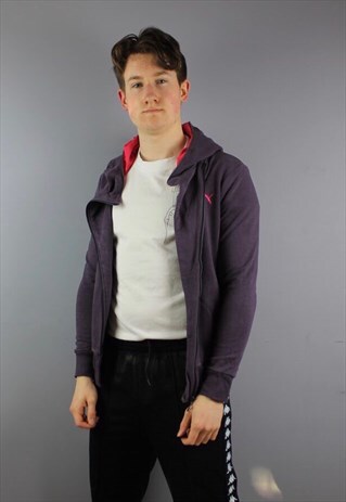 VINTAGE PUMA ZIP HOODIE IN PURPLE WITH EMBROIDERED LOGO.