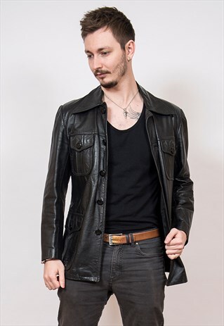 VINTAGE LEATHER BLACK SAFARI JACKET