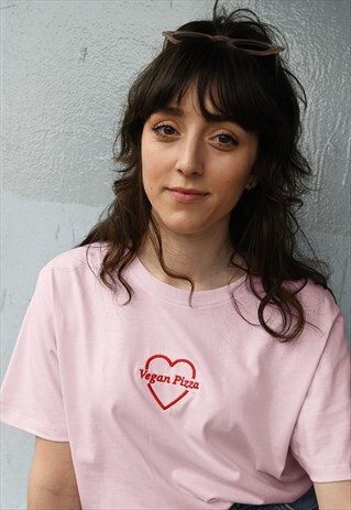 VEGAN PIZZA, EMBROIDERED, ORGANIC COTTON T-SHIRT, PINK