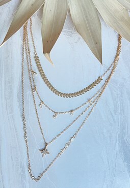 Gold Layered Star Leaf Diamante Dainty Pendant Necklace
