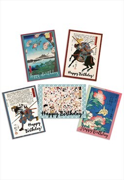 Happy Birthday Japanese Ukiyo-e Art Greeting Cards Set of 5