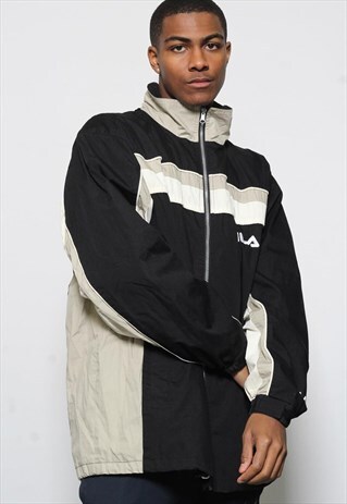 VINTAGE FILA BIG LOGO FLEECE LINED JACKET BLACK