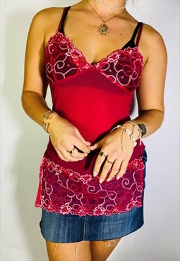 Vintage Size S Y2K Lace Cami Top In Red