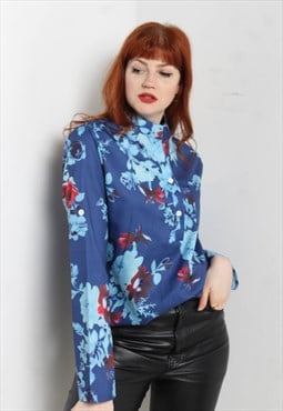 Vintage Crazy Floral Patterned Blouse Shirt Blue