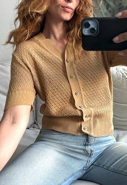 Brown Knit Crop Buttoned Top - L