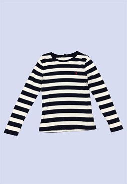 Navy Blue White Striped Cotton Fitted Long Sleeve Top