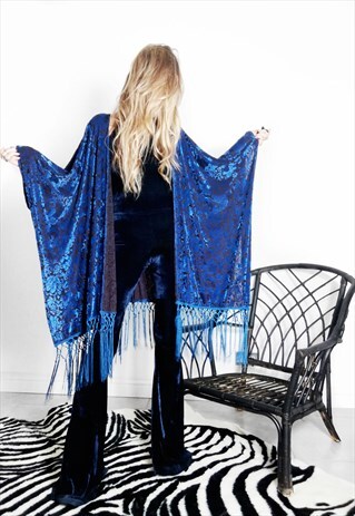 VINTAGE 90S ELECTRIC BLUE BURNOUT FRINGED 70S STYLE KIMONO