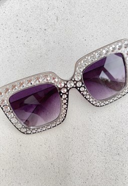 Grey Silver Oversized Square Diamante Retro Sunglasses