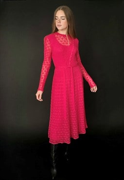 70's Vintage Nina Pink Crochet Long Sleeve Midi Dress