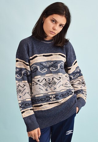 90'S RETRO ABSTRACT PATTERN KNIT OVERSIZED DADS JUMPER