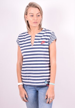 NIKE WOMENS VINTAGE T-SHIRT TOP MEDIUM BLUE STRIPES 90'S