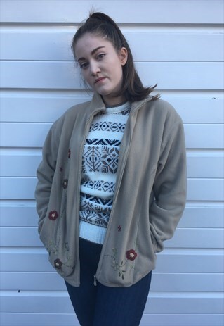 WOMENS VINTAGE 80S FLEECE BEIGE FLORAL EMBROIDERED JACKET