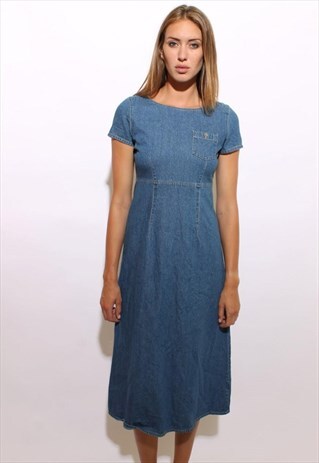 VINTAGE 90S DENIM MAXI DRESS BLUE JEANS SHORT SLEEVES S M