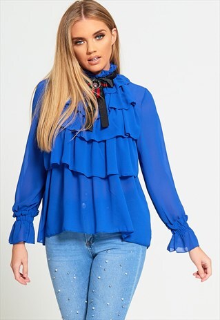 RUFFLE HIGH NECK BLOUSE WITH BROOCH