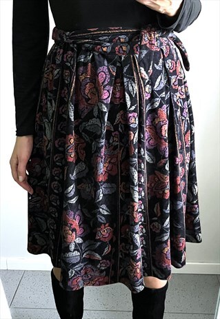 FULL MIDI KNEE LENGTH FLORAL VELOUR RETRO SKIRT M L
