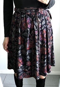 Full Midi Knee Length Floral Velour Retro Skirt M L