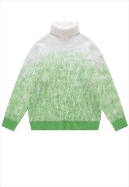 Fluffy turtleneck sweater gradient knitted jumper in green