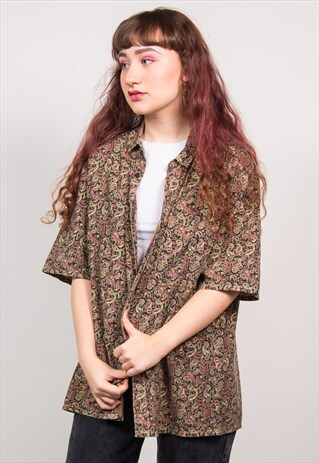 VINTAGE 90'S GREEN PAISLEY PATTERN SHORT SLEEVE SHIRT