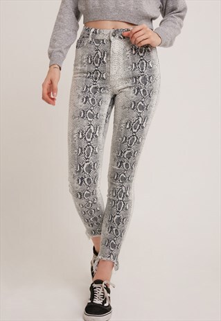 ASYMMETRIC SKINNY JEANS - WHITE AND GREY SNAKESKIN PRINT